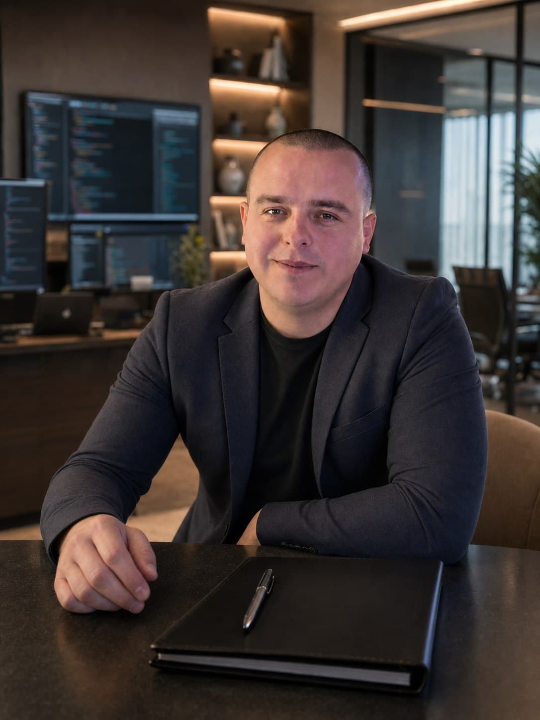 Dmytro Plavutskyi — independent founder and product builder, at his desk